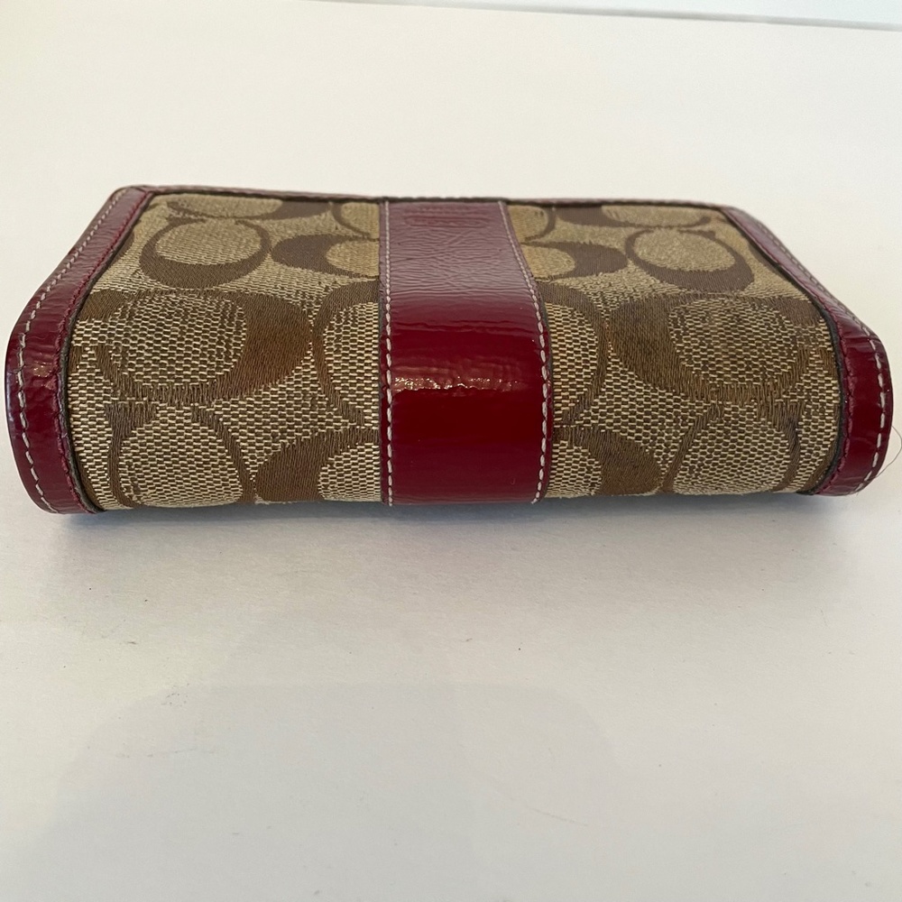 Coach Large Bifold Signature Canvas Burgundy Patent Leather Wallet - Picture 9 of 13